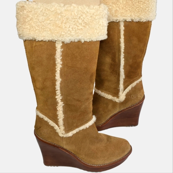 UGG Australia Aubrie Wedge Boots Women’s 10 Caramel Suede Shearling Mid-Calf - Picture 1 of 16